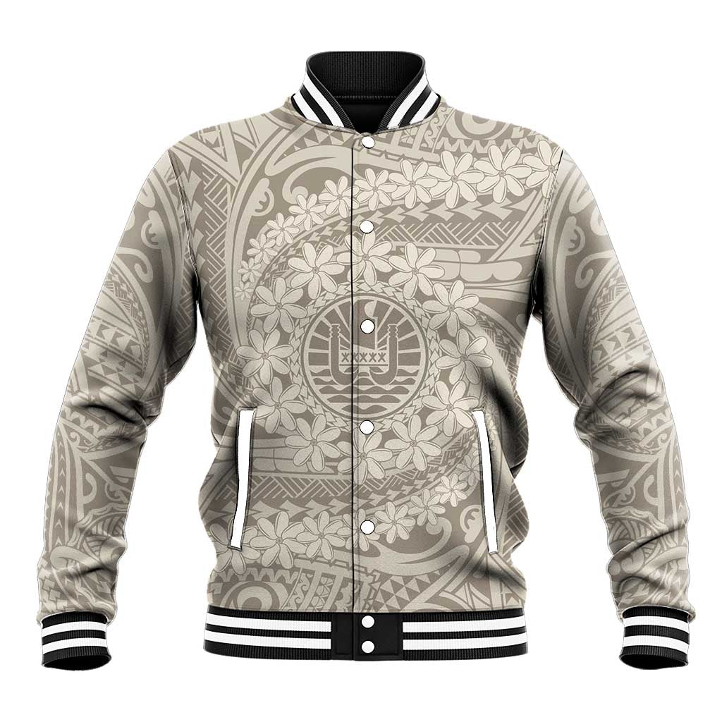 Tahitian Tiare Flower Baseball Jacket Beige Polynesian Pattern