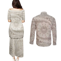 Tahitian Tiare Flower Couples Matching Puletasi and Long Sleeve Button Shirt Beige Polynesian Pattern