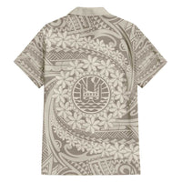 Tahitian Tiare Flower Family Matching Long Sleeve Bodycon Dress and Hawaiian Shirt Beige Polynesian Pattern