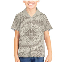 Tahitian Tiare Flower Family Matching Mermaid Dress and Hawaiian Shirt Beige Polynesian Pattern