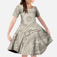 Tahitian Tiare Flower Family Matching Off The Shoulder Long Sleeve Dress and Hawaiian Shirt Beige Polynesian Pattern LT9 Daughter's Dress Beige - Polynesian Pride
