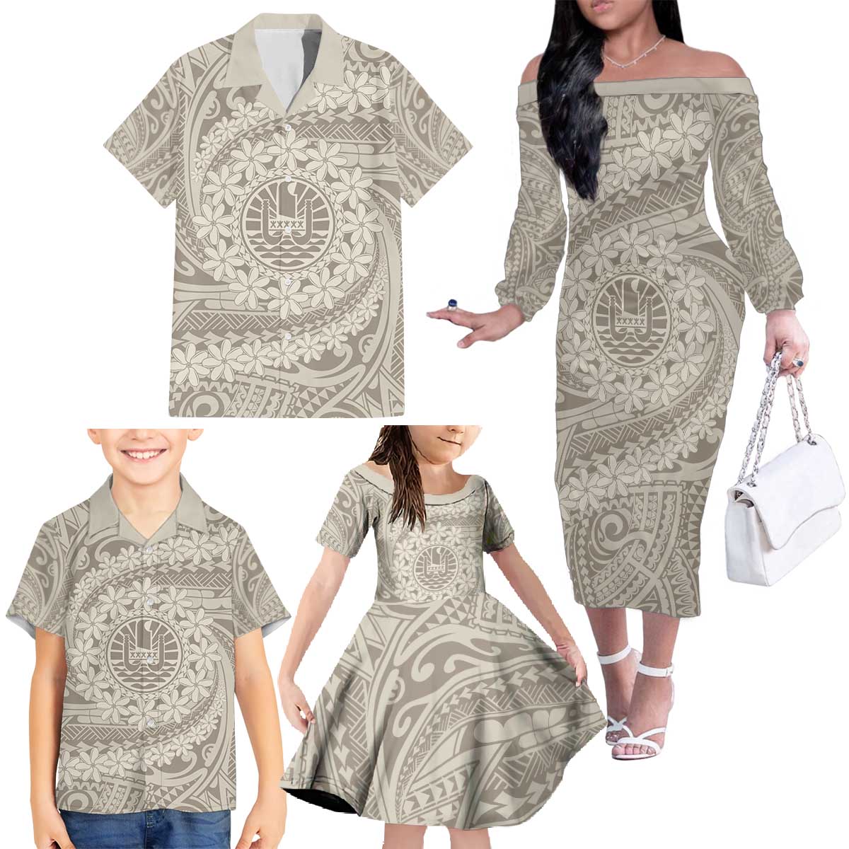 Tahitian Tiare Flower Family Matching Off The Shoulder Long Sleeve Dress and Hawaiian Shirt Beige Polynesian Pattern LT9 - Polynesian Pride