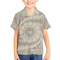 Tahitian Tiare Flower Family Matching Off The Shoulder Long Sleeve Dress and Hawaiian Shirt Beige Polynesian Pattern LT9 Son's Shirt Beige - Polynesian Pride