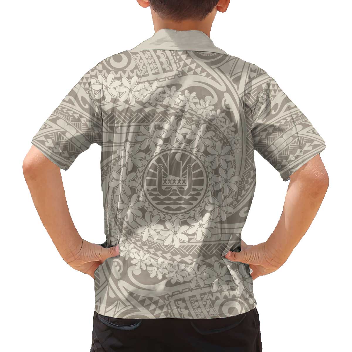 Tahitian Tiare Flower Family Matching Puletasi and Hawaiian Shirt Beige Polynesian Pattern