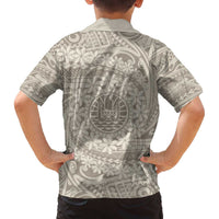 Tahitian Tiare Flower Family Matching Puletasi and Hawaiian Shirt Beige Polynesian Pattern