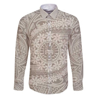 Tahitian Tiare Flower Family Matching Puletasi and Hawaiian Shirt Beige Polynesian Pattern