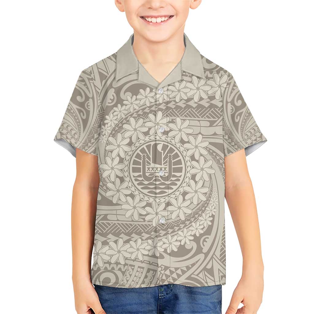 Tahitian Tiare Flower Family Matching Short Sleeve Bodycon Dress and Hawaiian Shirt Beige Polynesian Pattern