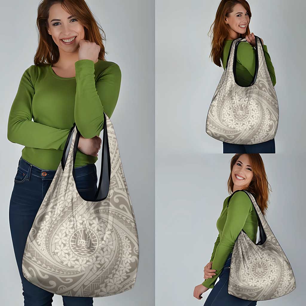 Tahitian Tiare Flower Grocery Bag Beige Polynesian Pattern