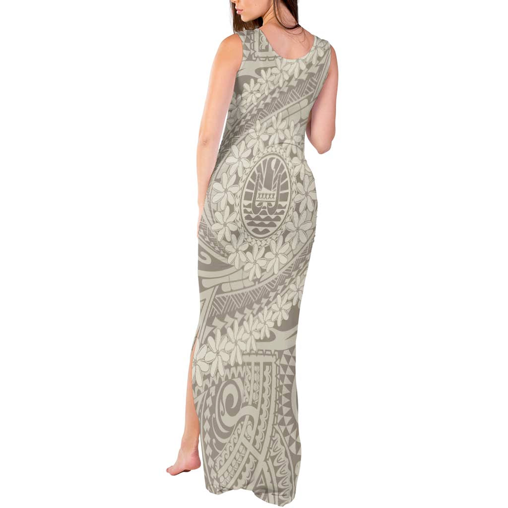 Tahitian Tiare Flower Tank Maxi Dress Beige Polynesian Pattern