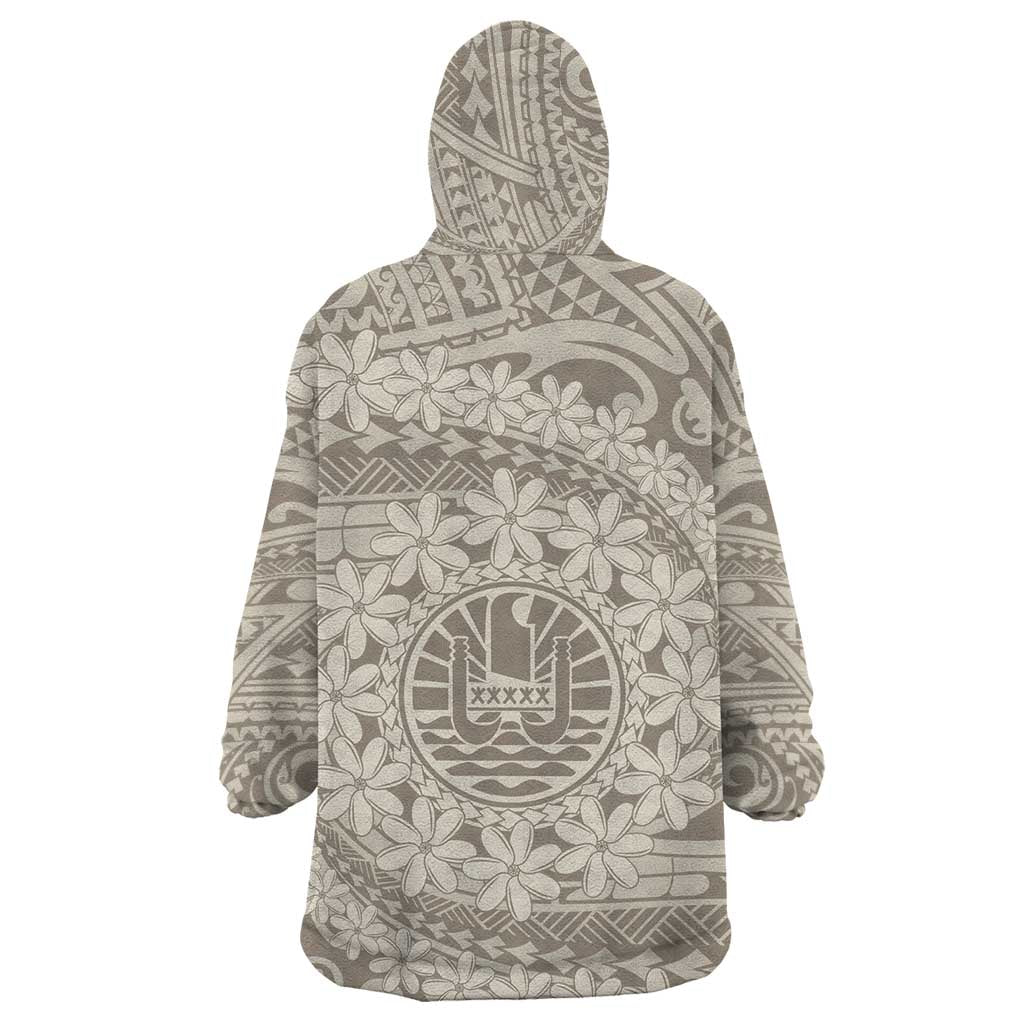 Tahitian Tiare Flower Wearable Blanket Hoodie Beige Polynesian Pattern