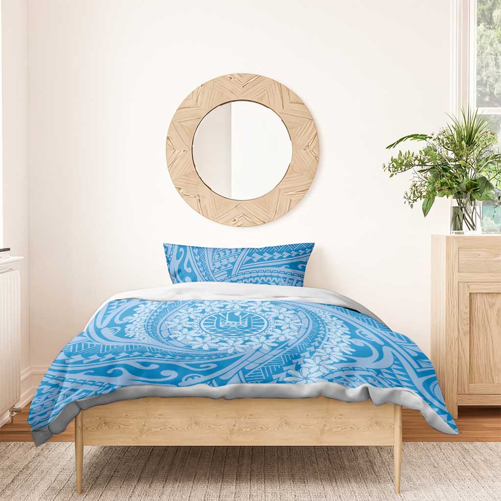Tahitian Tiare Flower Bedding Set Blue Polynesian Pattern