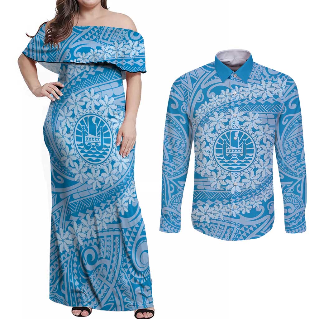 Tahitian Tiare Flower Couples Matching Off Shoulder Maxi Dress and Long Sleeve Button Shirt Blue Polynesian Pattern