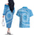 Tahitian Tiare Flower Couples Matching Off The Shoulder Long Sleeve Dress and Hawaiian Shirt Blue Polynesian Pattern