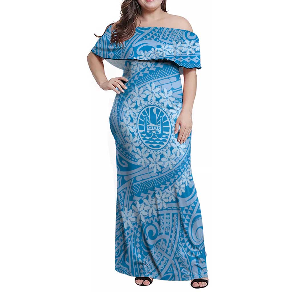 Tahitian Tiare Flower Family Matching Off Shoulder Maxi Dress and Hawaiian Shirt Blue Polynesian Pattern