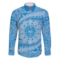 Tahitian Tiare Flower Family Matching Puletasi and Hawaiian Shirt Blue Polynesian Pattern