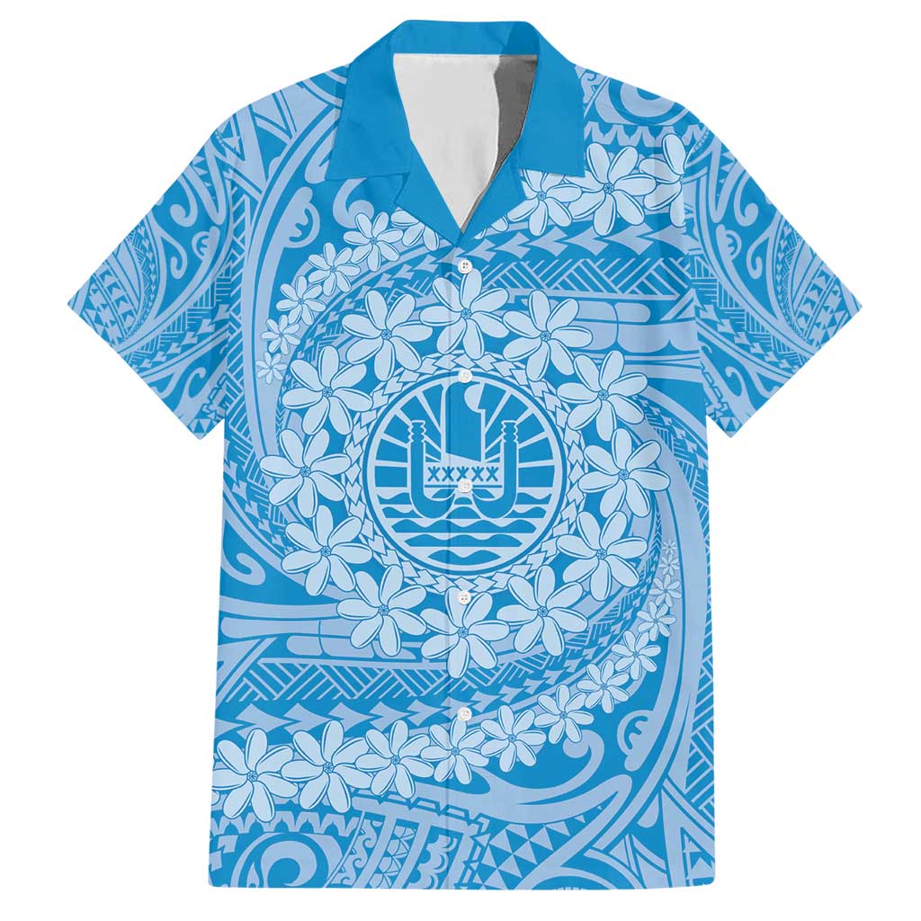 Tahitian Tiare Flower Family Matching Short Sleeve Bodycon Dress and Hawaiian Shirt Blue Polynesian Pattern