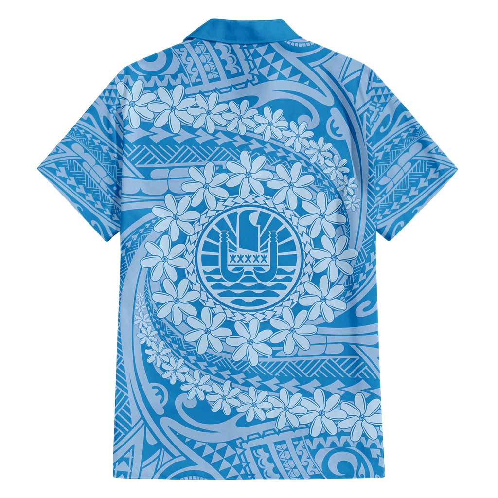 Tahitian Tiare Flower Family Matching Short Sleeve Bodycon Dress and Hawaiian Shirt Blue Polynesian Pattern