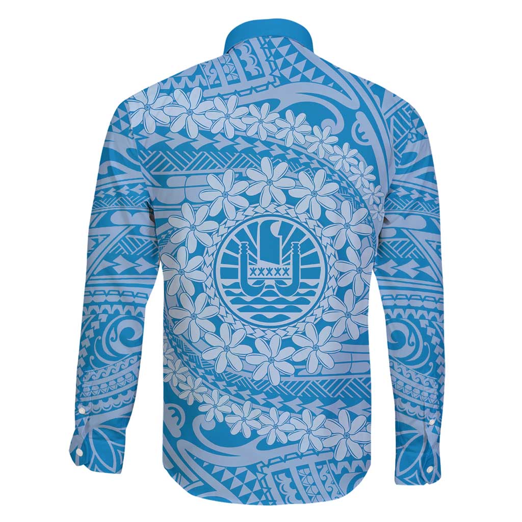 Tahitian Tiare Flower Family Matching Tank Maxi Dress and Hawaiian Shirt Blue Polynesian Pattern