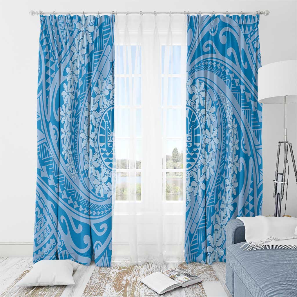 Tahitian Tiare Flower Window Curtain Blue Polynesian Pattern