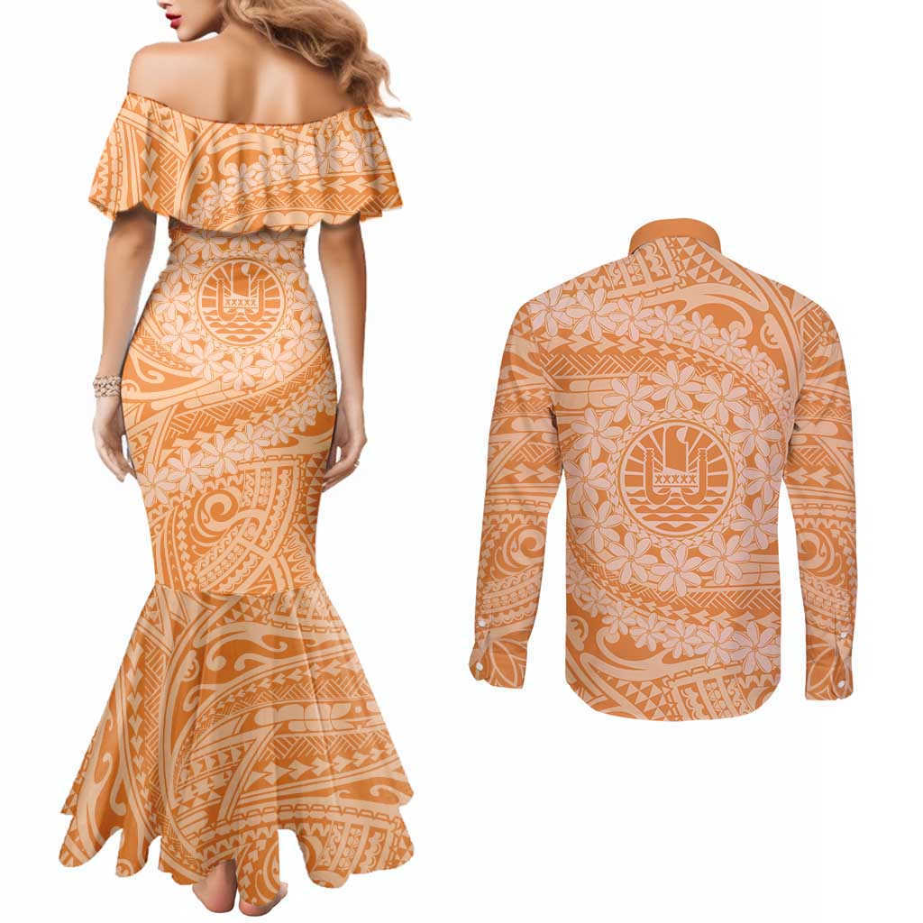 Tahitian Tiare Flower Couples Matching Mermaid Dress and Long Sleeve Button Shirt Gold Polynesian Pattern
