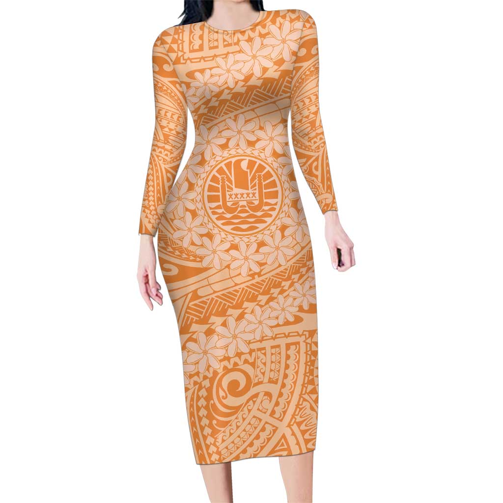 Tahitian Tiare Flower Family Matching Long Sleeve Bodycon Dress and Hawaiian Shirt Gold Polynesian Pattern