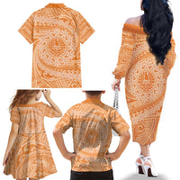 Tahitian Tiare Flower Family Matching Off The Shoulder Long Sleeve Dress and Hawaiian Shirt Gold Polynesian Pattern LT9 - Polynesian Pride