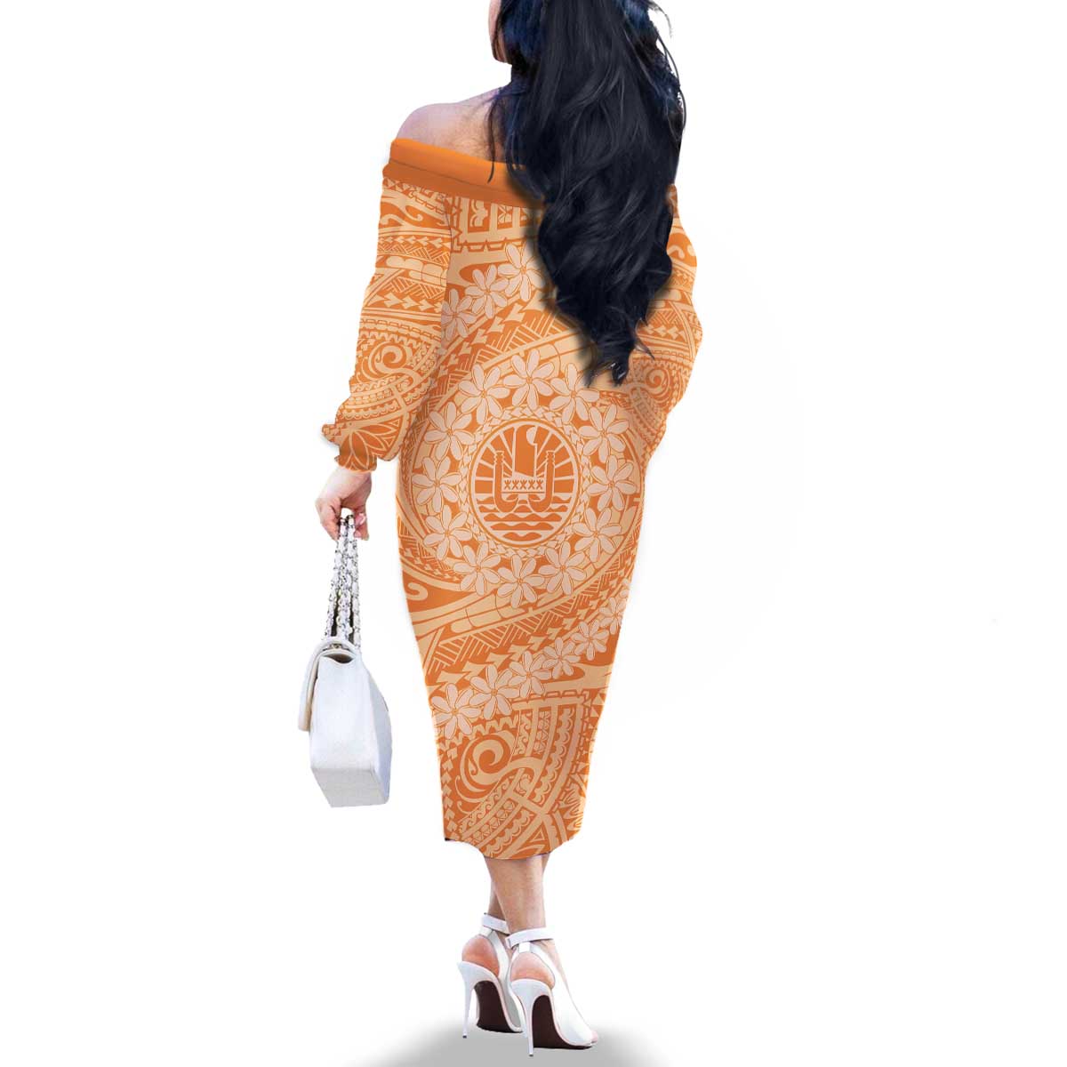 Tahitian Tiare Flower Family Matching Off The Shoulder Long Sleeve Dress and Hawaiian Shirt Gold Polynesian Pattern LT9 - Polynesian Pride