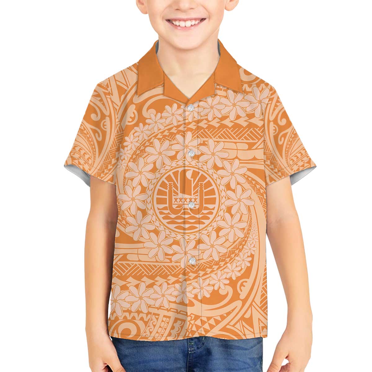 Tahitian Tiare Flower Family Matching Off Shoulder Short Dress and Hawaiian Shirt Gold Polynesian Pattern