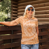 Tahitian Tiare Flower Women Polo Shirt Gold Polynesian Pattern