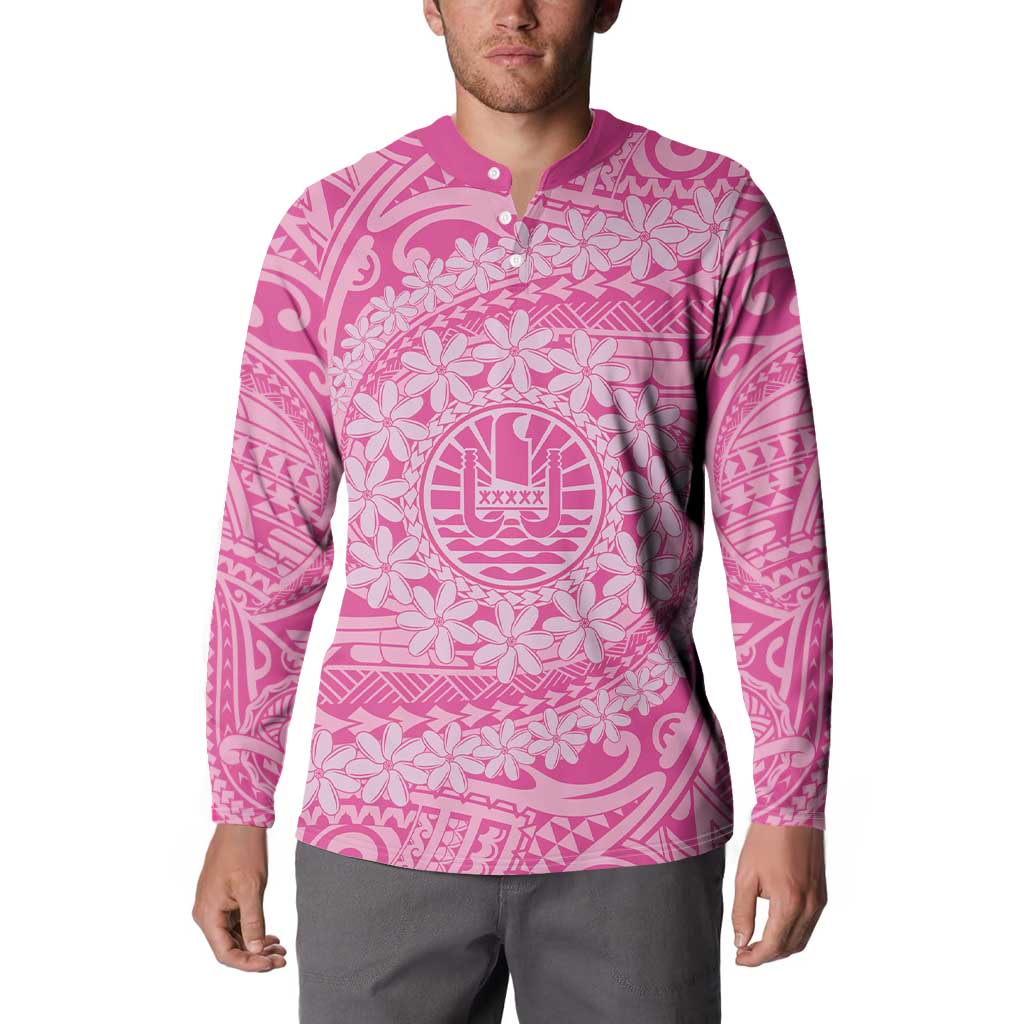 Tahitian Tiare Flower Button Sweatshirt Pink Polynesian Pattern