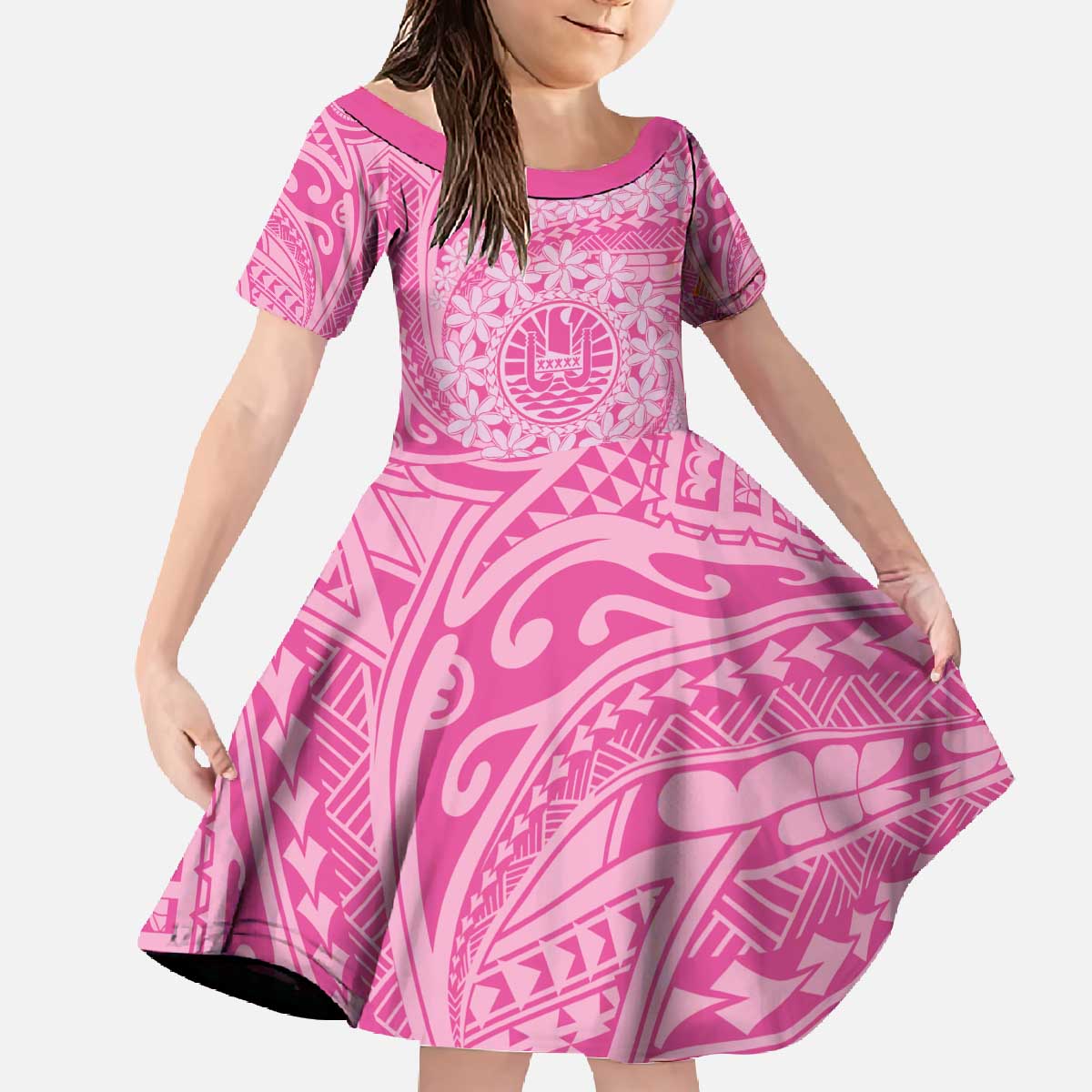 Tahitian Tiare Flower Family Matching Off The Shoulder Long Sleeve Dress and Hawaiian Shirt Pink Polynesian Pattern LT9 Daughter's Dress Pink - Polynesian Pride