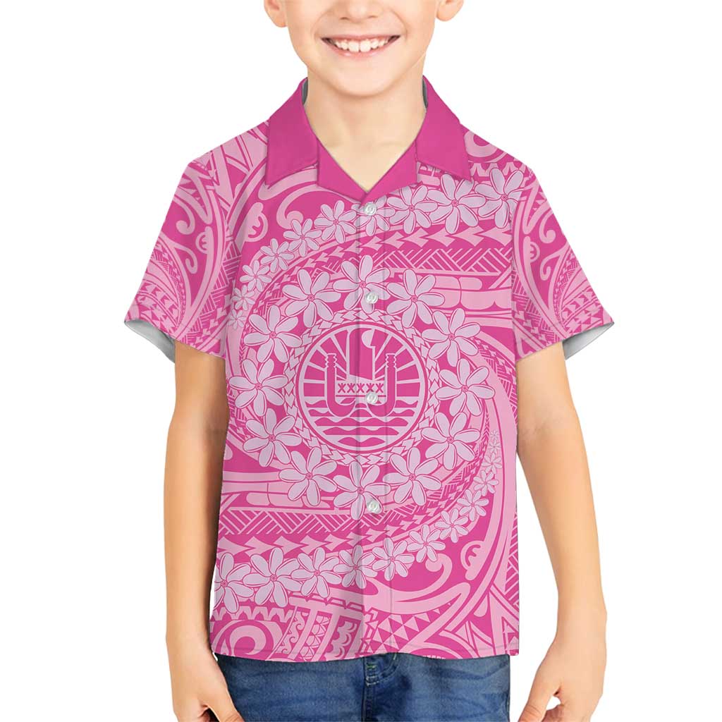 Tahitian Tiare Flower Family Matching Tank Maxi Dress and Hawaiian Shirt Pink Polynesian Pattern