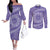 Tahitian Tiare Flower Couples Matching Off The Shoulder Long Sleeve Dress and Long Sleeve Button Shirt Violet Polynesian Pattern