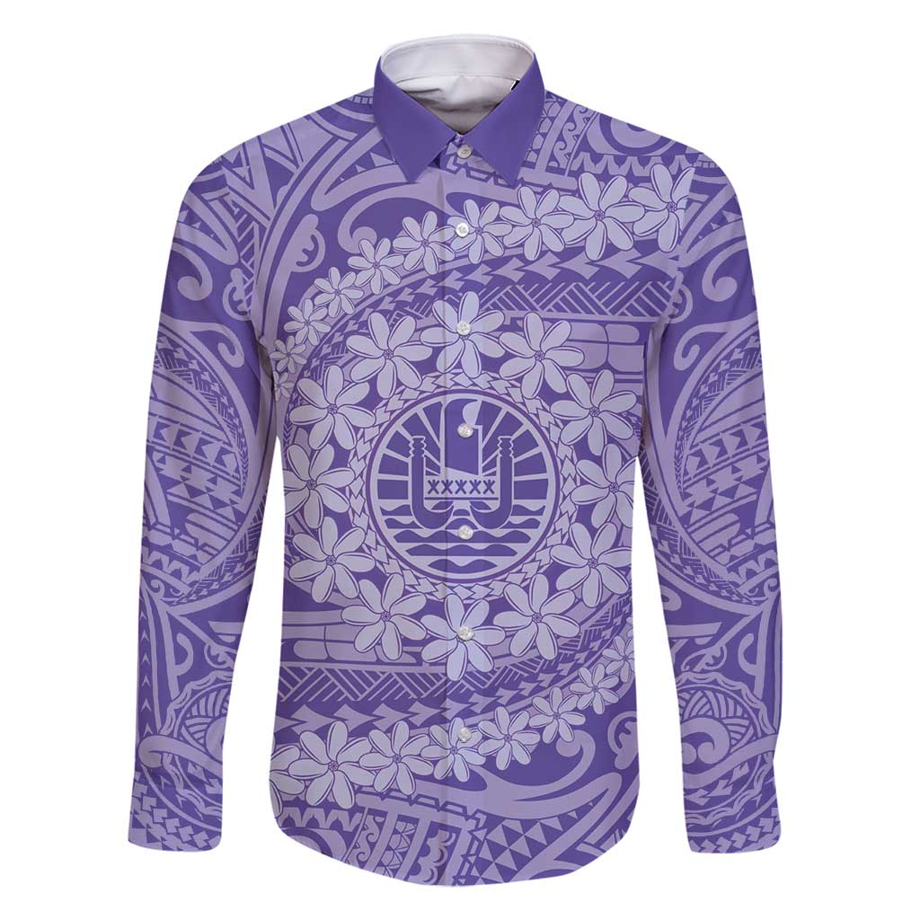 Tahitian Tiare Flower Family Matching Long Sleeve Bodycon Dress and Hawaiian Shirt Violet Polynesian Pattern