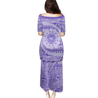Tahitian Tiare Flower Family Matching Puletasi and Hawaiian Shirt Violet Polynesian Pattern