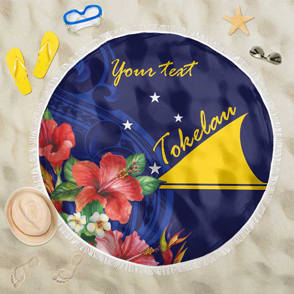 Personalised Tokelau Tropical Hibiscus Beach Blanket With Polynesian Plumeria Tattoo LT9 One Size 150cm Blue - Polynesian Pride