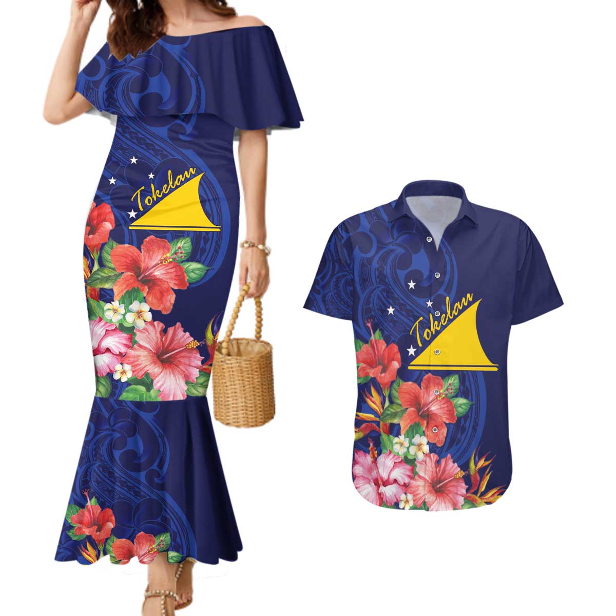 Personalised Tokelau Tropical Hibiscus Couples Matching Mermaid Dress and Hawaiian Shirt With Polynesian Plumeria Tattoo LT9 Blue - Polynesian Pride