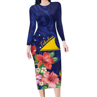 Personalised Tokelau Tropical Hibiscus Family Matching Long Sleeve Bodycon Dress and Hawaiian Shirt With Polynesian Plumeria Tattoo