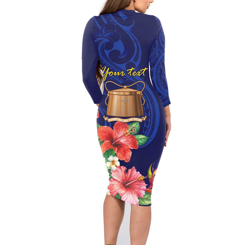 Personalised Tokelau Tropical Hibiscus Family Matching Long Sleeve Bodycon Dress and Hawaiian Shirt With Polynesian Plumeria Tattoo