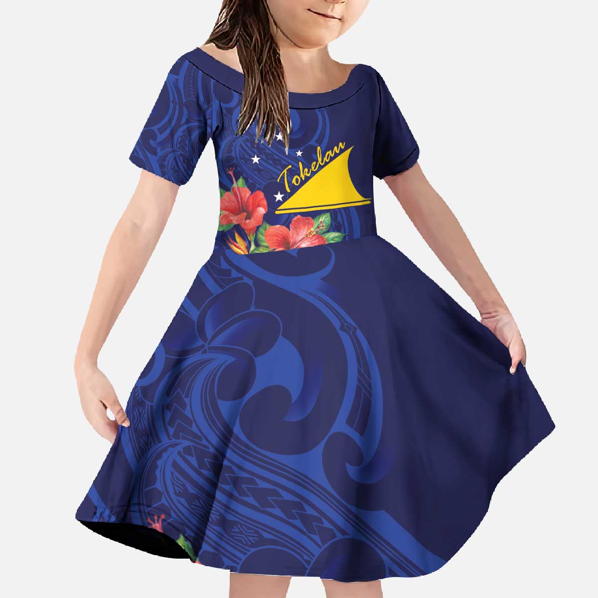 Personalised Tokelau Tropical Hibiscus Family Matching Off The Shoulder Long Sleeve Dress and Hawaiian Shirt With Polynesian Plumeria Tattoo LT9 Daughter's Dress Blue - Polynesian Pride