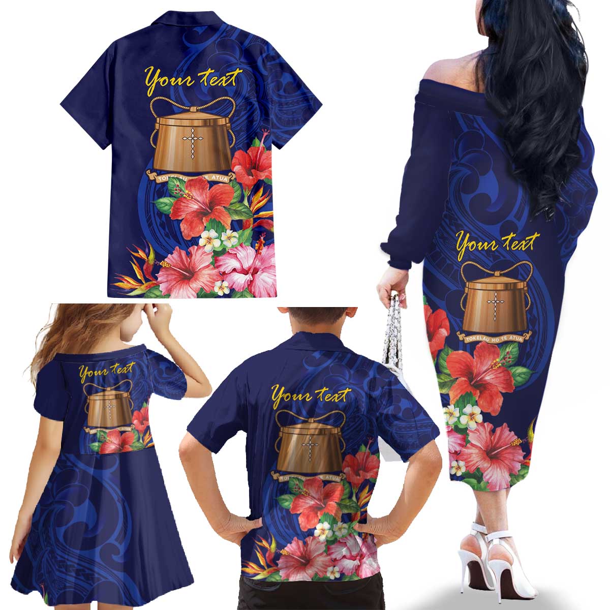 Personalised Tokelau Tropical Hibiscus Family Matching Off The Shoulder Long Sleeve Dress and Hawaiian Shirt With Polynesian Plumeria Tattoo LT9 - Polynesian Pride