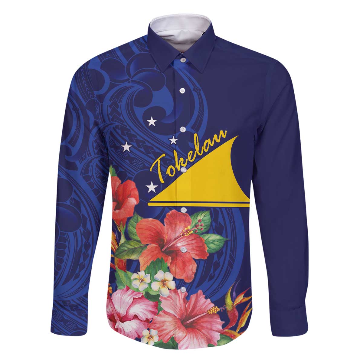 Personalised Tokelau Tropical Hibiscus Family Matching Off The Shoulder Long Sleeve Dress and Hawaiian Shirt With Polynesian Plumeria Tattoo LT9 Dad's Shirt - Long Sleeve Blue - Polynesian Pride