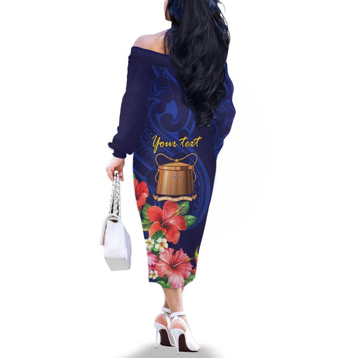Personalised Tokelau Tropical Hibiscus Family Matching Off The Shoulder Long Sleeve Dress and Hawaiian Shirt With Polynesian Plumeria Tattoo LT9 - Polynesian Pride