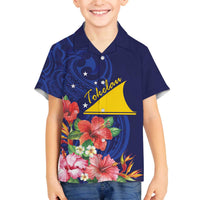 Personalised Tokelau Tropical Hibiscus Family Matching Off The Shoulder Long Sleeve Dress and Hawaiian Shirt With Polynesian Plumeria Tattoo LT9 Son's Shirt Blue - Polynesian Pride