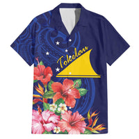 Personalised Tokelau Tropical Hibiscus Family Matching Puletasi and Hawaiian Shirt With Polynesian Plumeria Tattoo LT9 Dad's Shirt - Short Sleeve Blue - Polynesian Pride