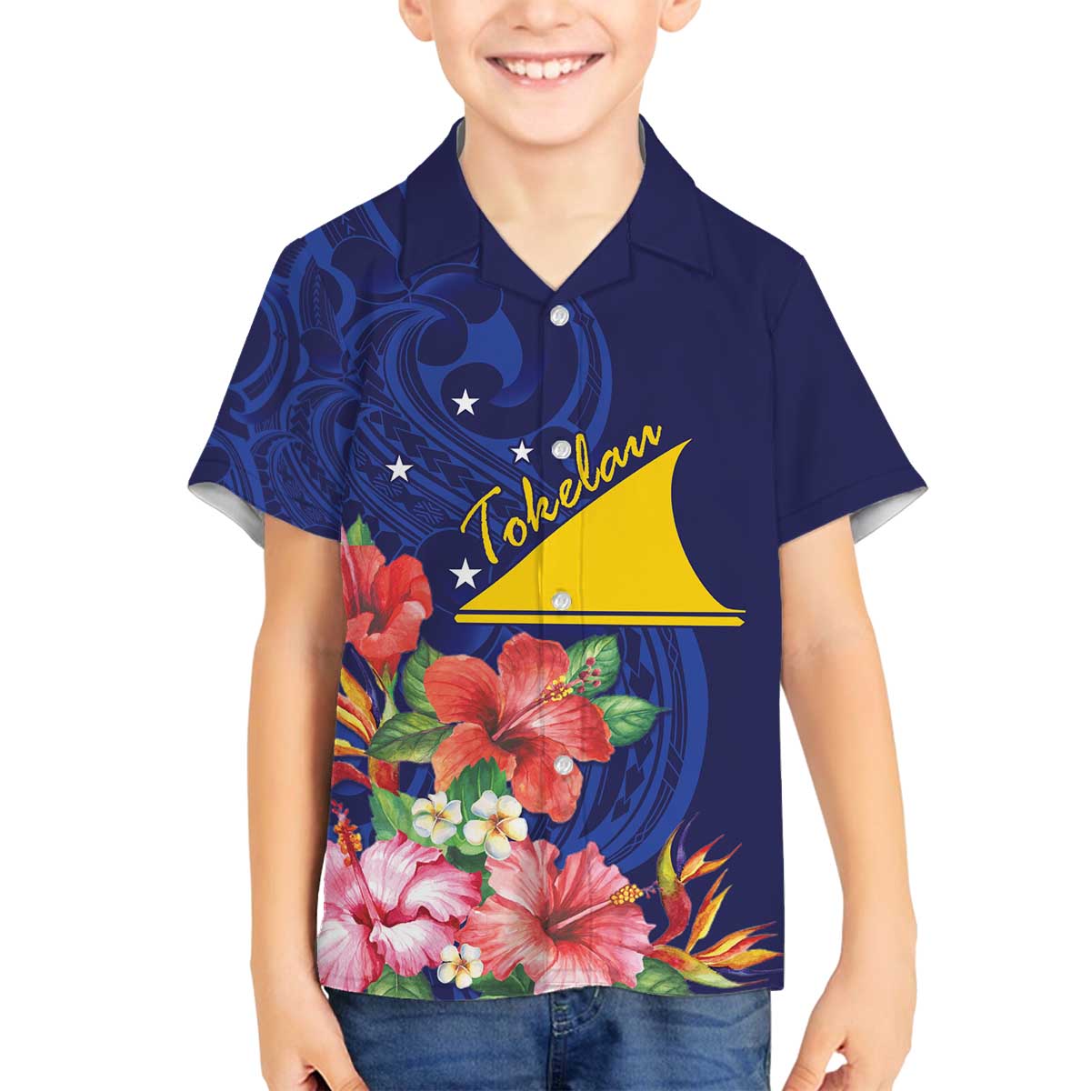 Personalised Tokelau Tropical Hibiscus Family Matching Puletasi and Hawaiian Shirt With Polynesian Plumeria Tattoo LT9 Son's Shirt Blue - Polynesian Pride
