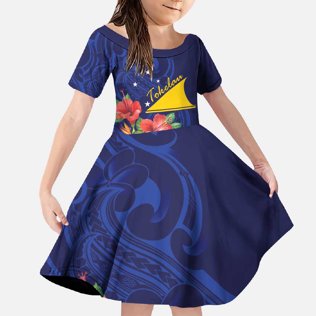 Personalised Tokelau Tropical Hibiscus Family Matching Tank Maxi Dress and Hawaiian Shirt With Polynesian Plumeria Tattoo LT9 Daughter's Dress Blue - Polynesian Pride