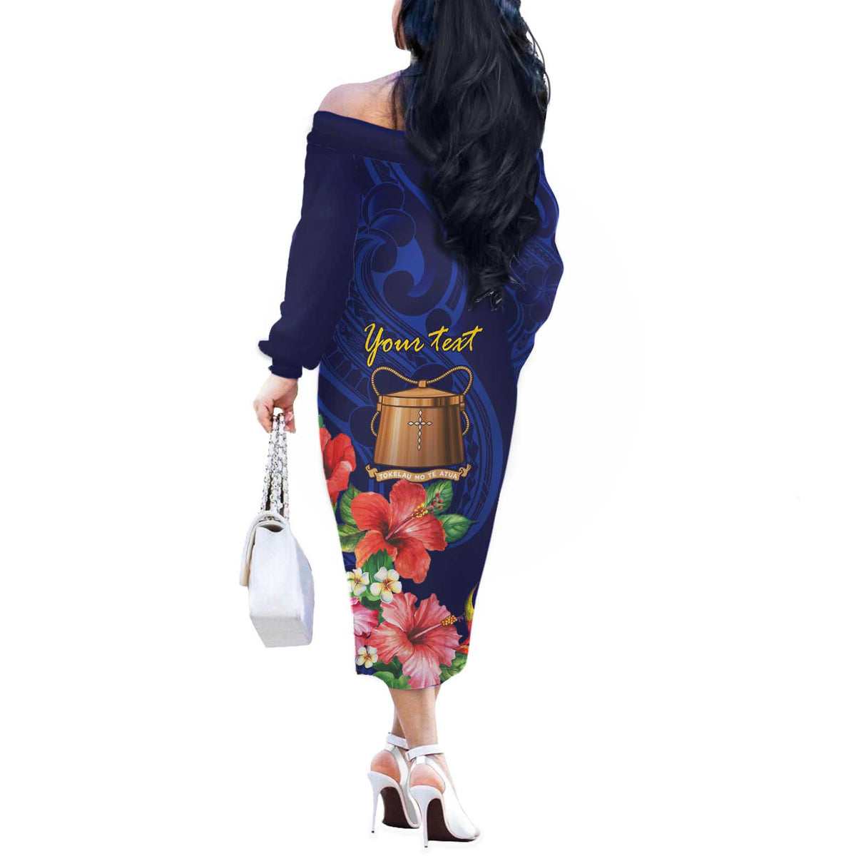 Personalised Tokelau Tropical Hibiscus Off The Shoulder Long Sleeve Dress With Polynesian Plumeria Tattoo