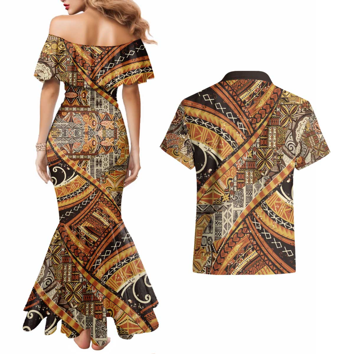 Hawaiian Style Tapa Couples Matching Mermaid Dress and Hawaiian Shirt Vintage Seamless Pattern - Polynesian Pride