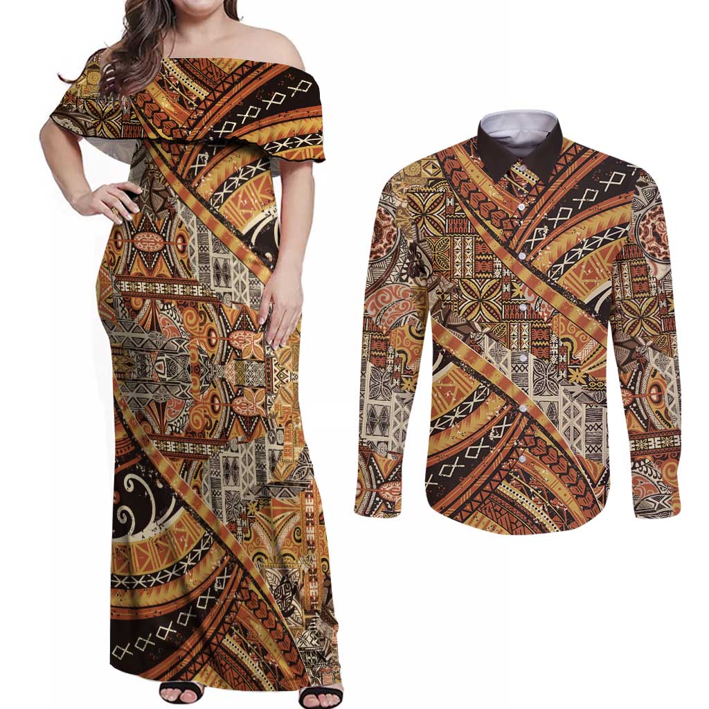 Hawaiian Style Tapa Couples Matching Off Shoulder Maxi Dress and Long Sleeve Button Shirt Vintage Seamless Pattern - Polynesian Pride